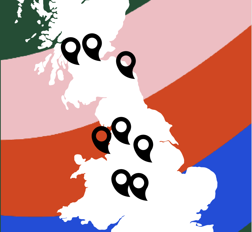 Britain map illustration with map pins dropped on top